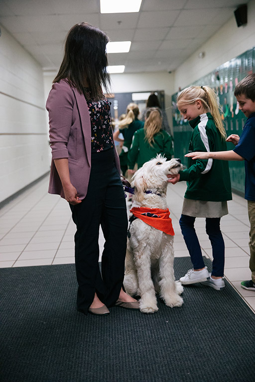 Anna greets students at Portland St. Patricks.